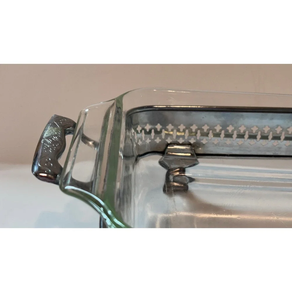Vintage Anchor Hocking Fire-King Glass Casserole Dish with Footed Metal Cradle